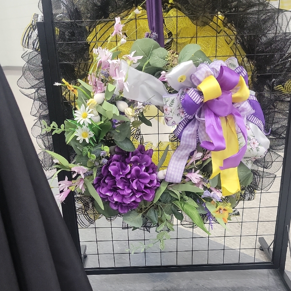 Purple & Yellow Spring Floral Wreath with Bow